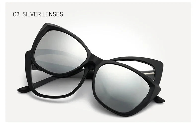 Stylish Cat Eye Prescription Glasses with Clip-On Sunglasses