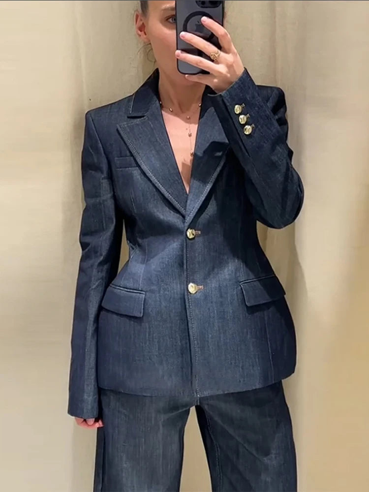 Women’s Retro Denim Vest Suit Jacket & High Waist Pants Set