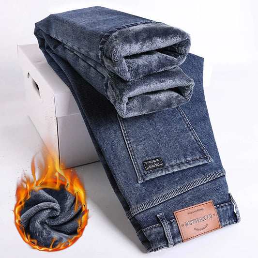 Winter Fleece Thick Warm Jeans Men Slim Straight Elastic Denim Pants Casual Plush Lined Trousers