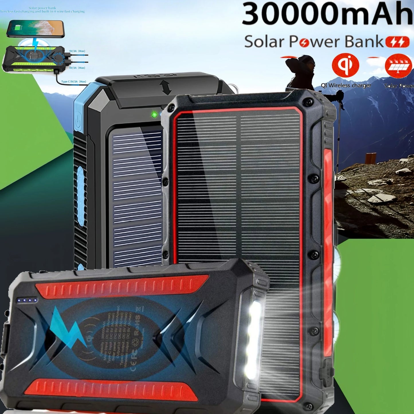High-Capacity Solar Power Bank | Fast Charging & LED Lights