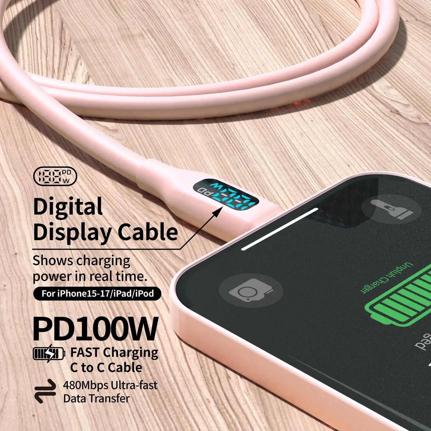 USB C Super Fast Charging Cable with Cute Pink LED Display