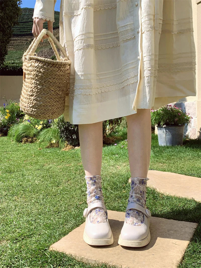 Stylish Korean Lace Flower Long Socks for Women | Breathable Comfort