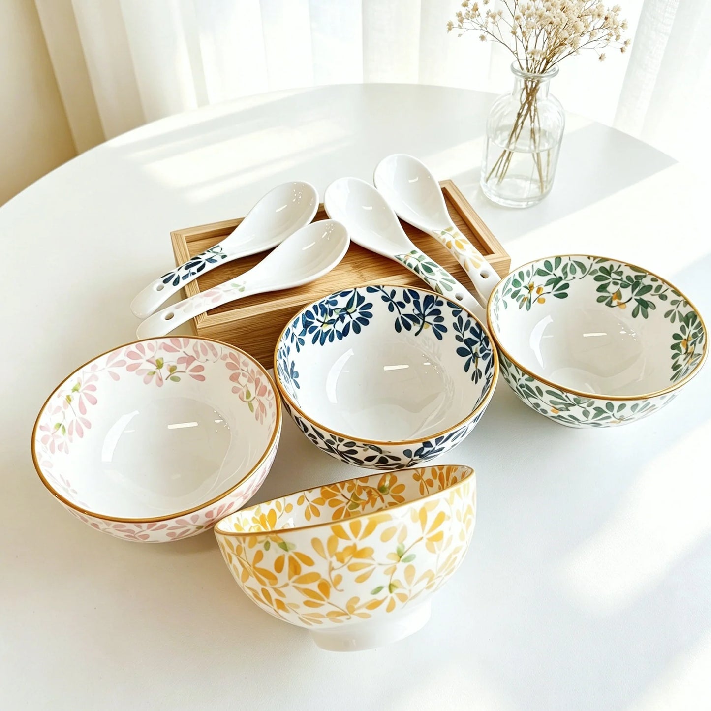 Floral Ceramic Bowl Set for Pasta, Salad, and More | Dishwasher Safe