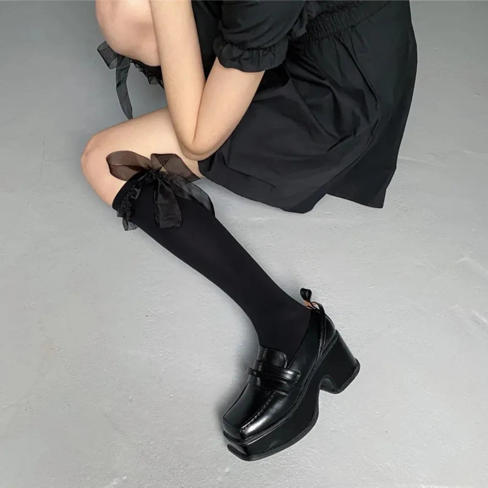 Kawaii Cute Black Stockings with Bowknot & Ruffles for Women