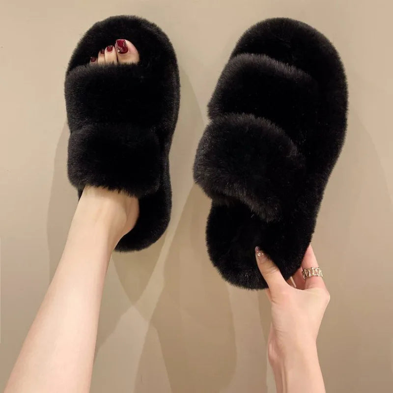 Cozy Plush Fluffy Platform Fur Slippers for Women | Anti-Slip Warmth