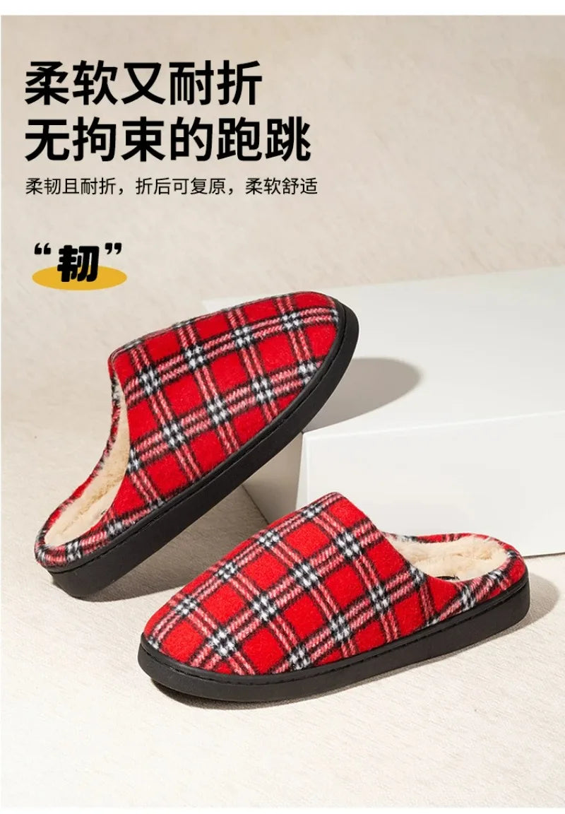 Men's Striped Plaid Fleece Slippers | Warm Cozy House Shoes