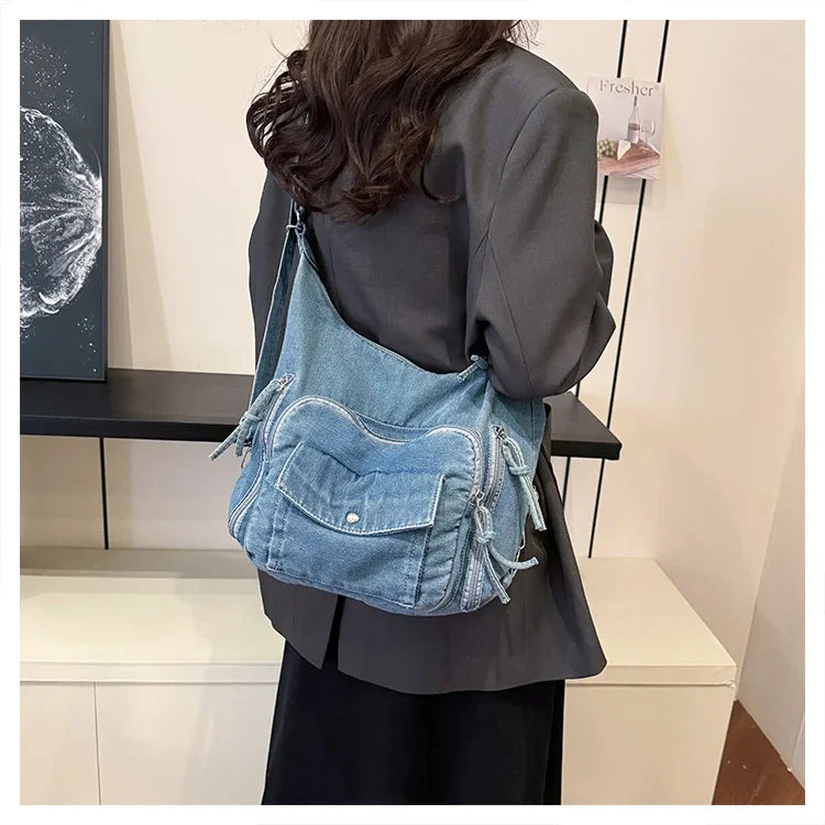 Trendy Solid Color Denim Shoulder Bag | Versatile Women's Crossbody
