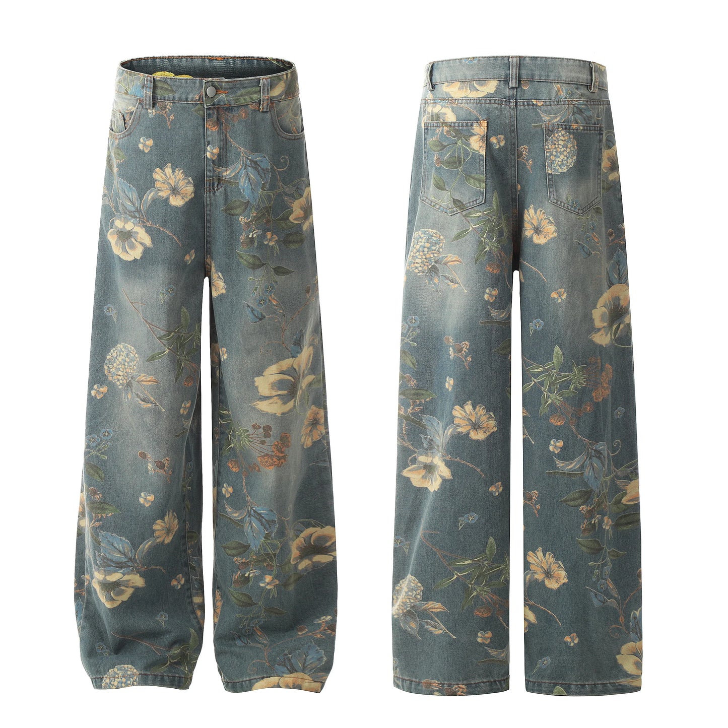 Vintage Floral Wide Leg Denim Pants | Trendy Y2K Casual Trousers