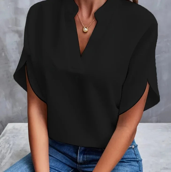 Women's Summer Solid Color Casual V-Neck Short Sleeve Shirt