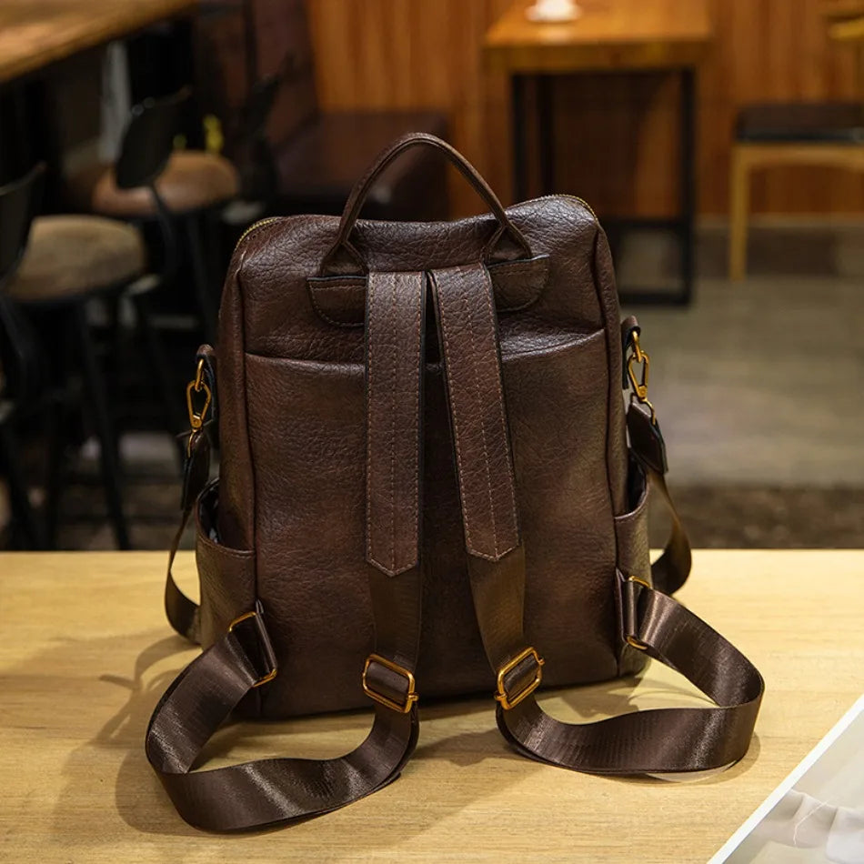 Vintage Leather Backpack | Large Capacity Travel Rucksack for Women
