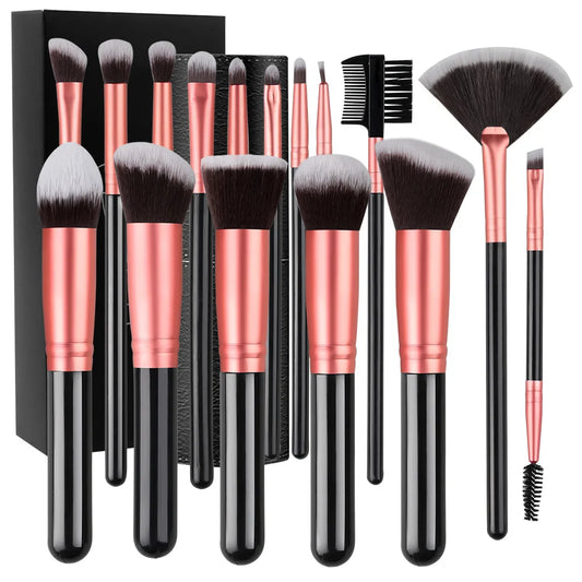 14-16 Piece Professional Makeup Brush Set – Soft Fluffy Goat & Synthetic Hair Brushes for Foundation, Eyeshadow, Blush, Concealer & Powder – Red/Black/Pink/Silver Handles