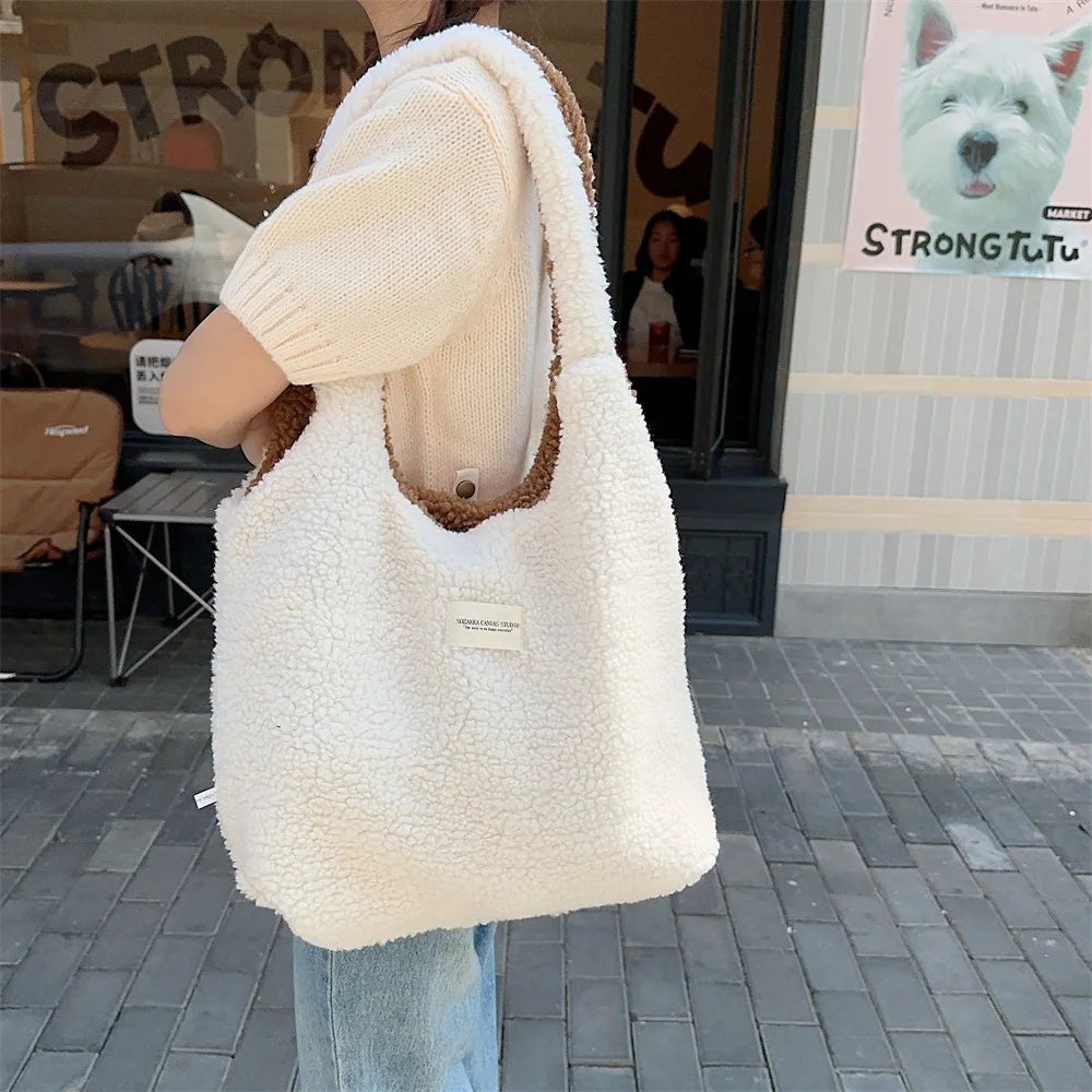 Reversible Plush Shoulder Bag for Women | Warm Fabric Tote