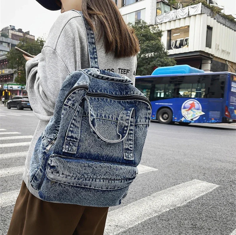 Casual Denim Backpack | Large Capacity Laptop Bag for School & Travel