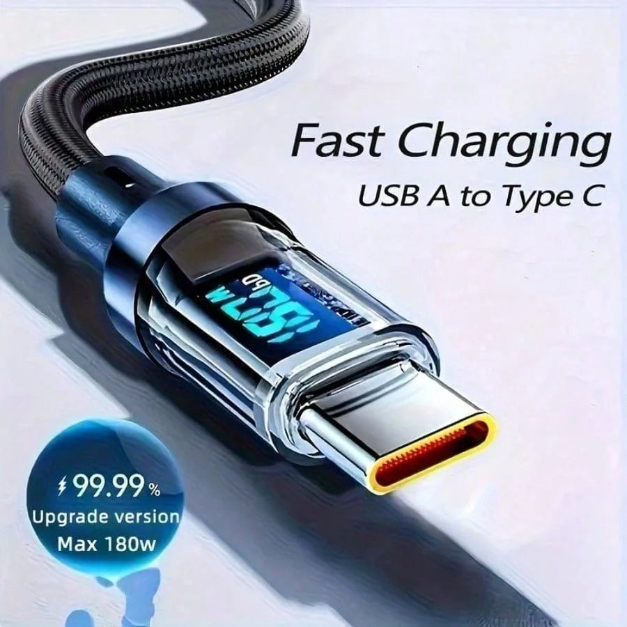 180W ultra fast charging USB A to Type-C cable with LED digital display, matte surface, data synchronization,