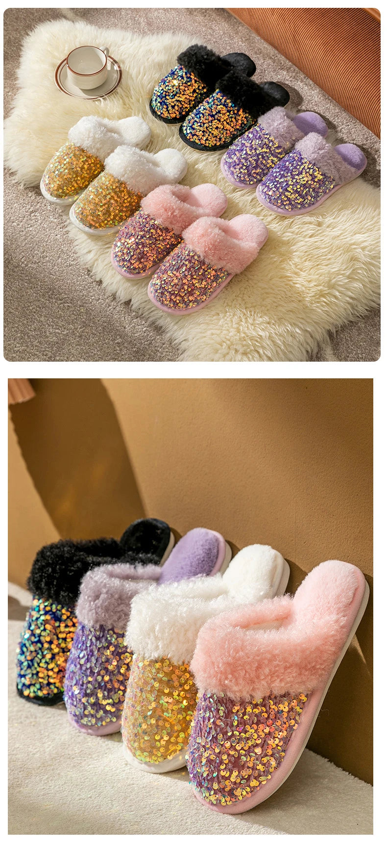Kawaii Sequin Giraffe Plush Slippers | Cute Winter House Shoes