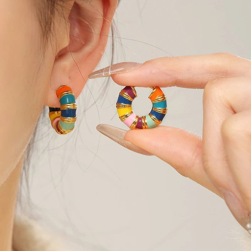 Romantic Retro Enamel Gold Hoop Earrings for Women | Fashion Jewelry
