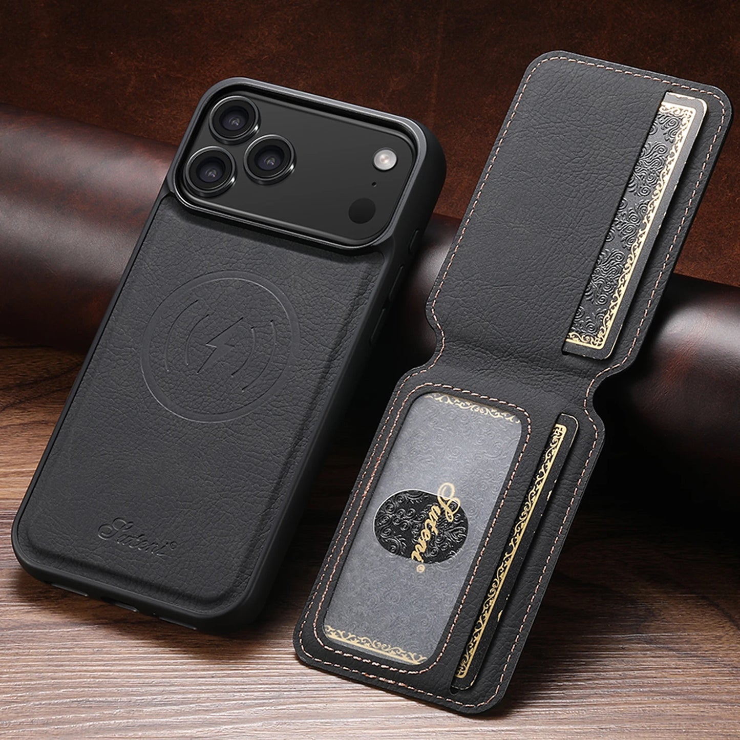 SUTENI Wireless Charging Phone Case Magnet Card Holder Stand Faux Leather For iPhone 17 Pro Max 16 Plus 15 14 13 12
