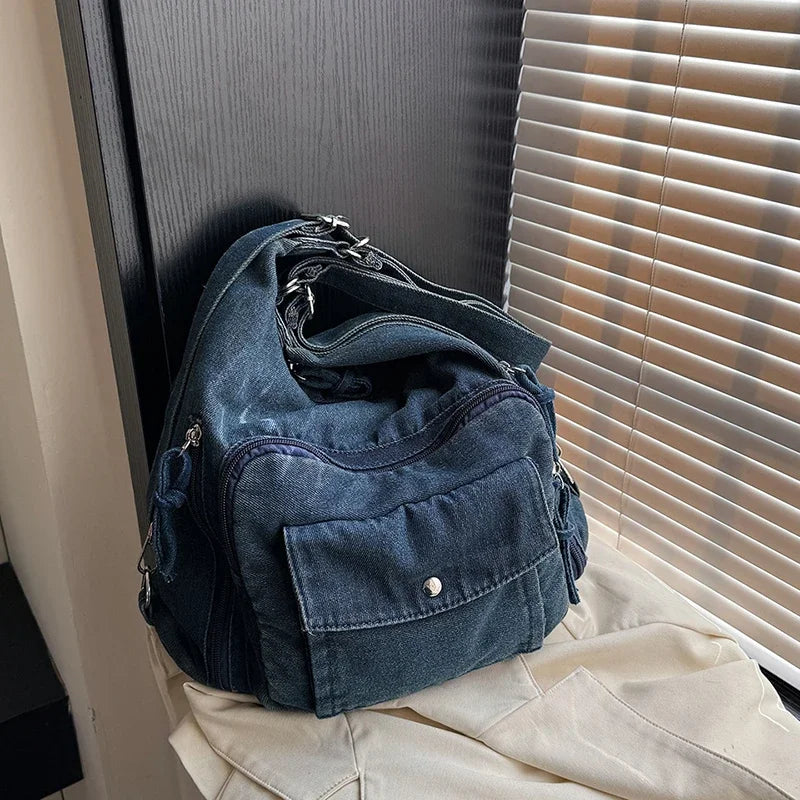 Trendy Solid Color Denim Shoulder Bag | Versatile Women's Crossbody