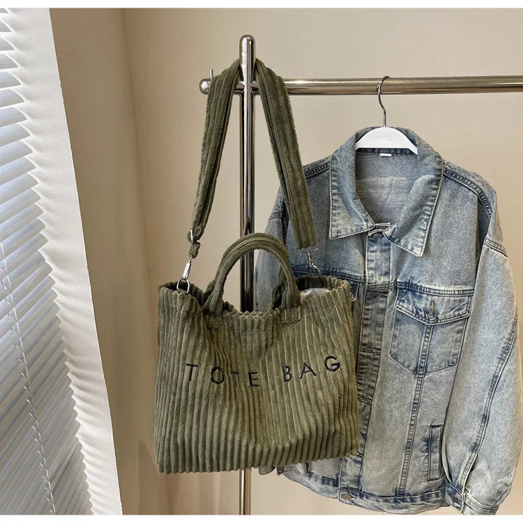 Bolso de mano de terciopelo a rayas de gran capacidad | Bolso tote elegante y versátil