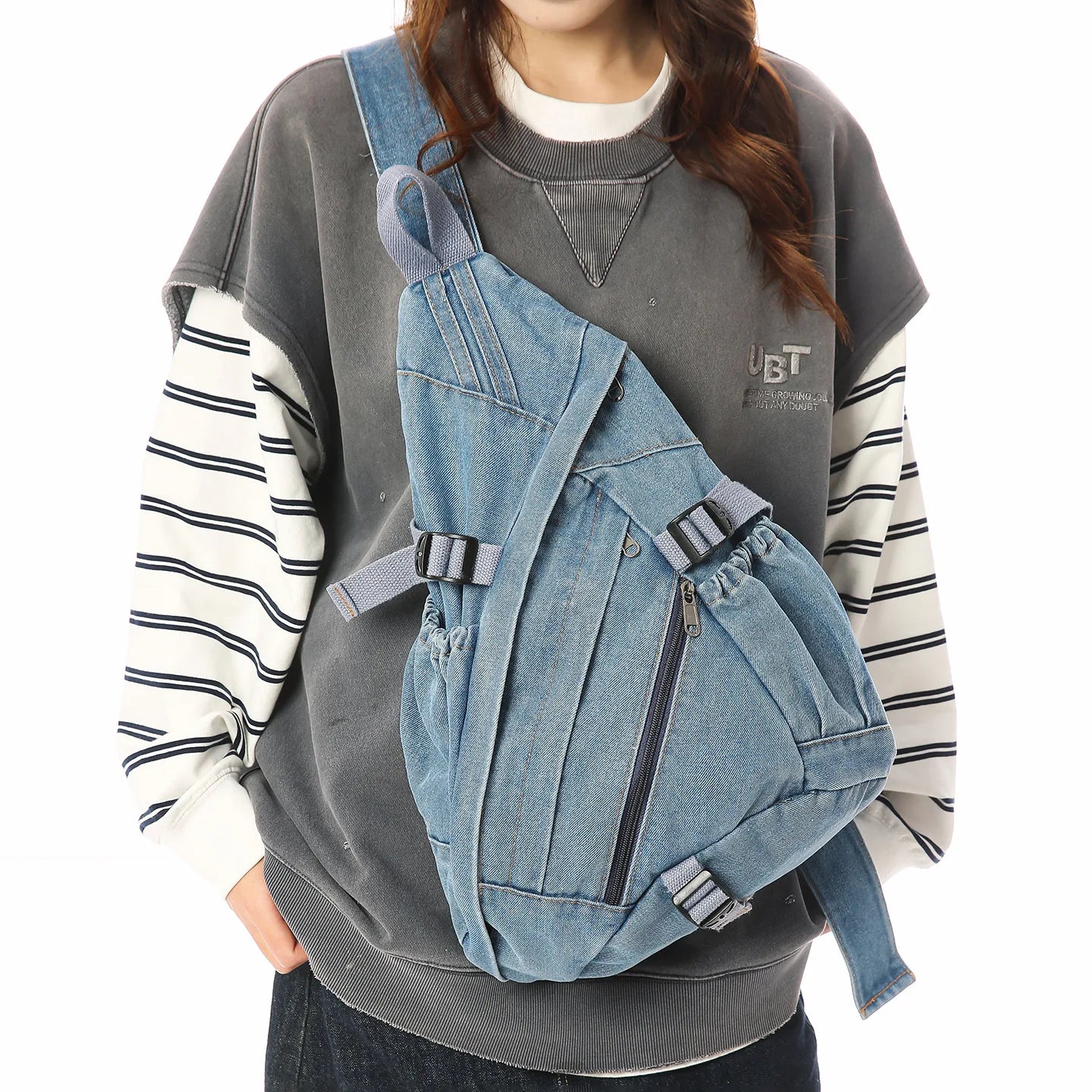 Vintage Washed Denim Sling Bag Man Woman Multifunction Retro Large Capacity Portable Motorcycle Chest Bag