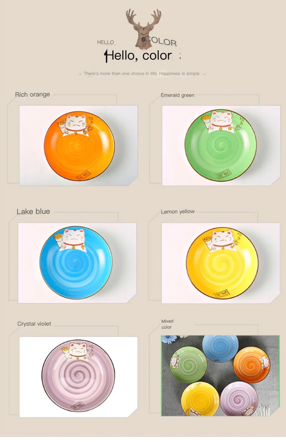Multi-Color Cartoon Lucky Cat Round Ceramic Plate | Joyful Dining