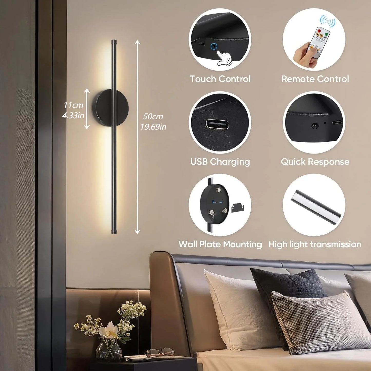 Apliques de pared a pilas | Iluminación recargable USB regulable