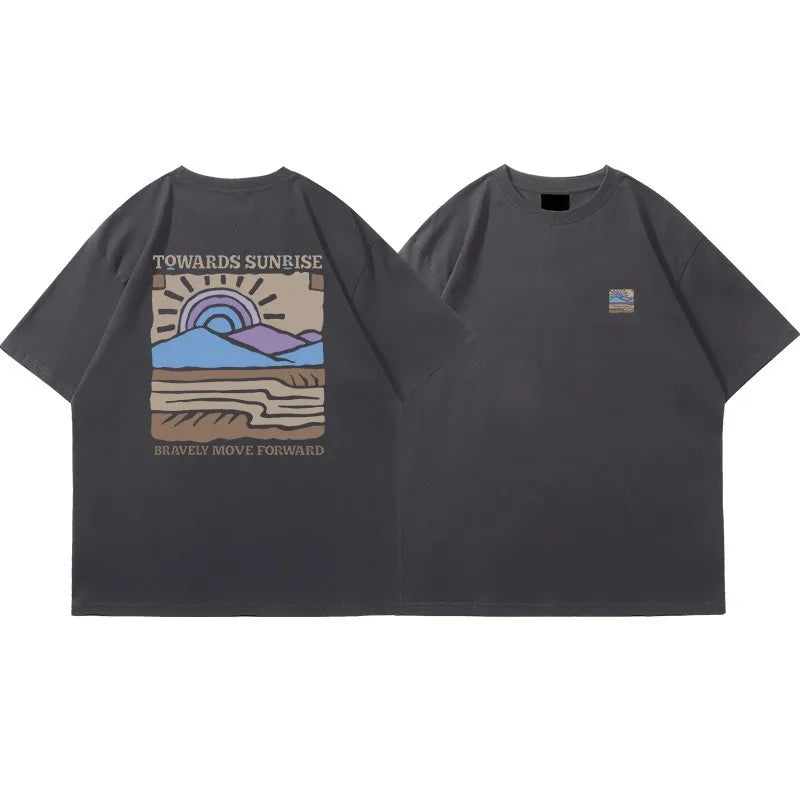 American Retro Pattern Printed Short-sleeved Crew Neck Cotton T-shirt Unisex Top Casual Loose Fashion Streetwear Top