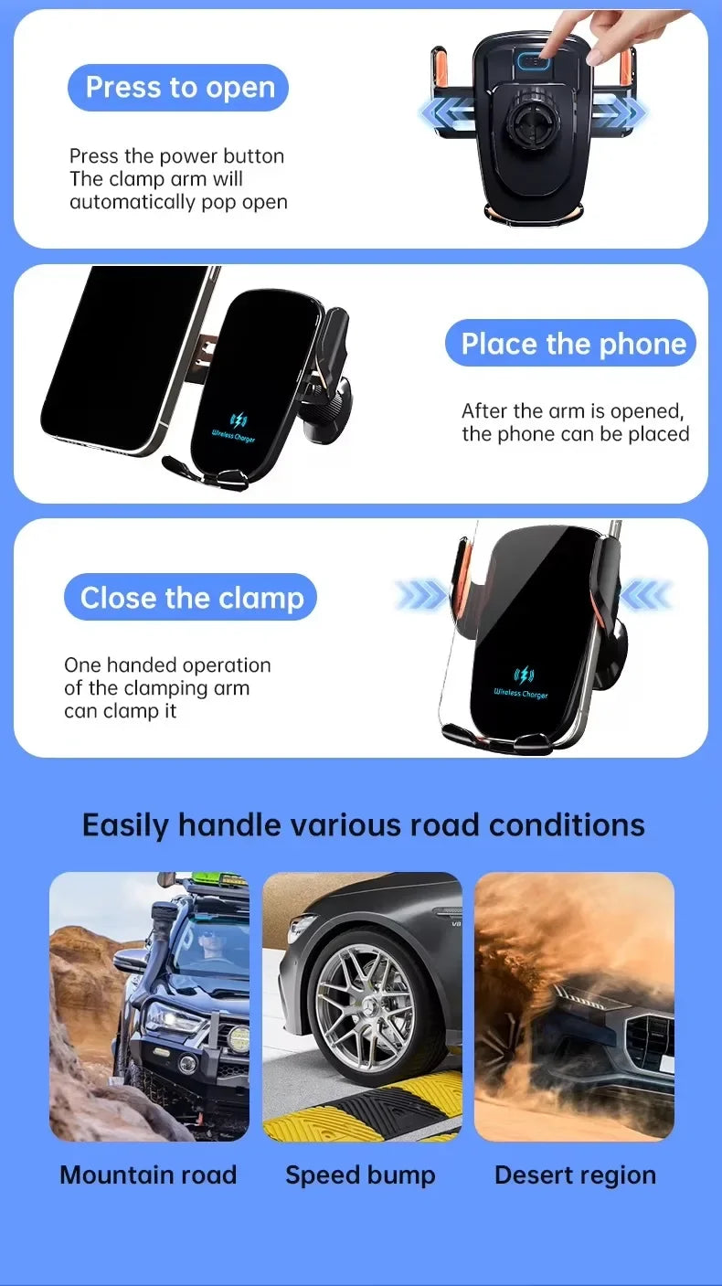 Wireless Car Charger with Fast Charge & Clamping Holder