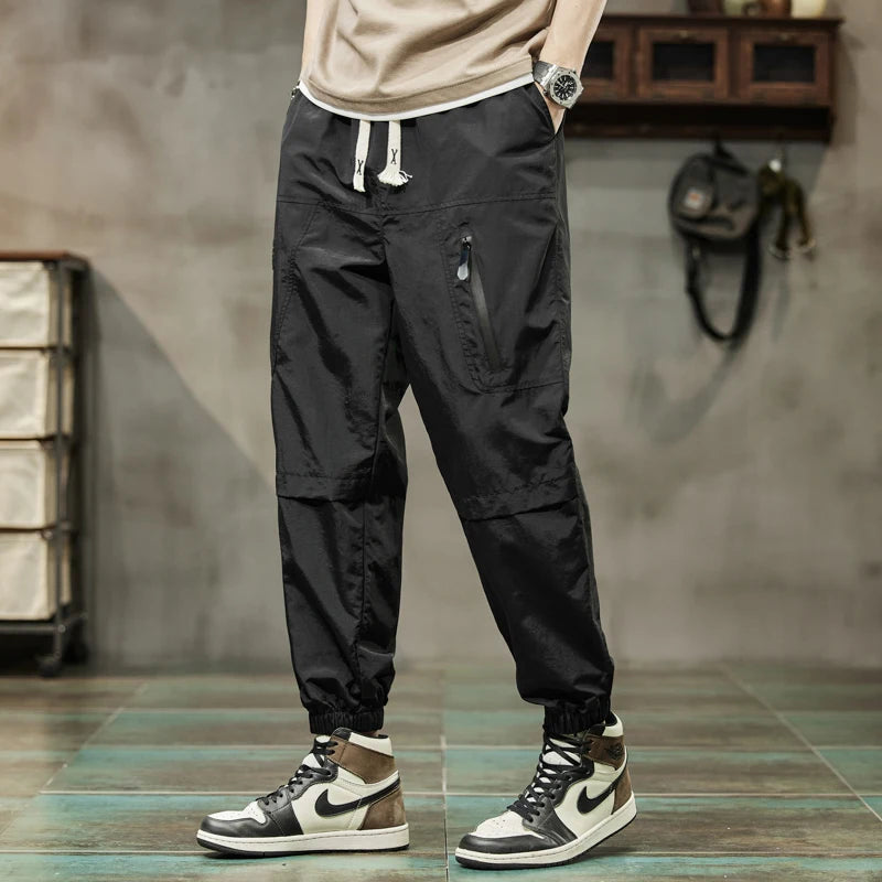Men's High Waisted Cargo Trousers with Drawstring & Pockets