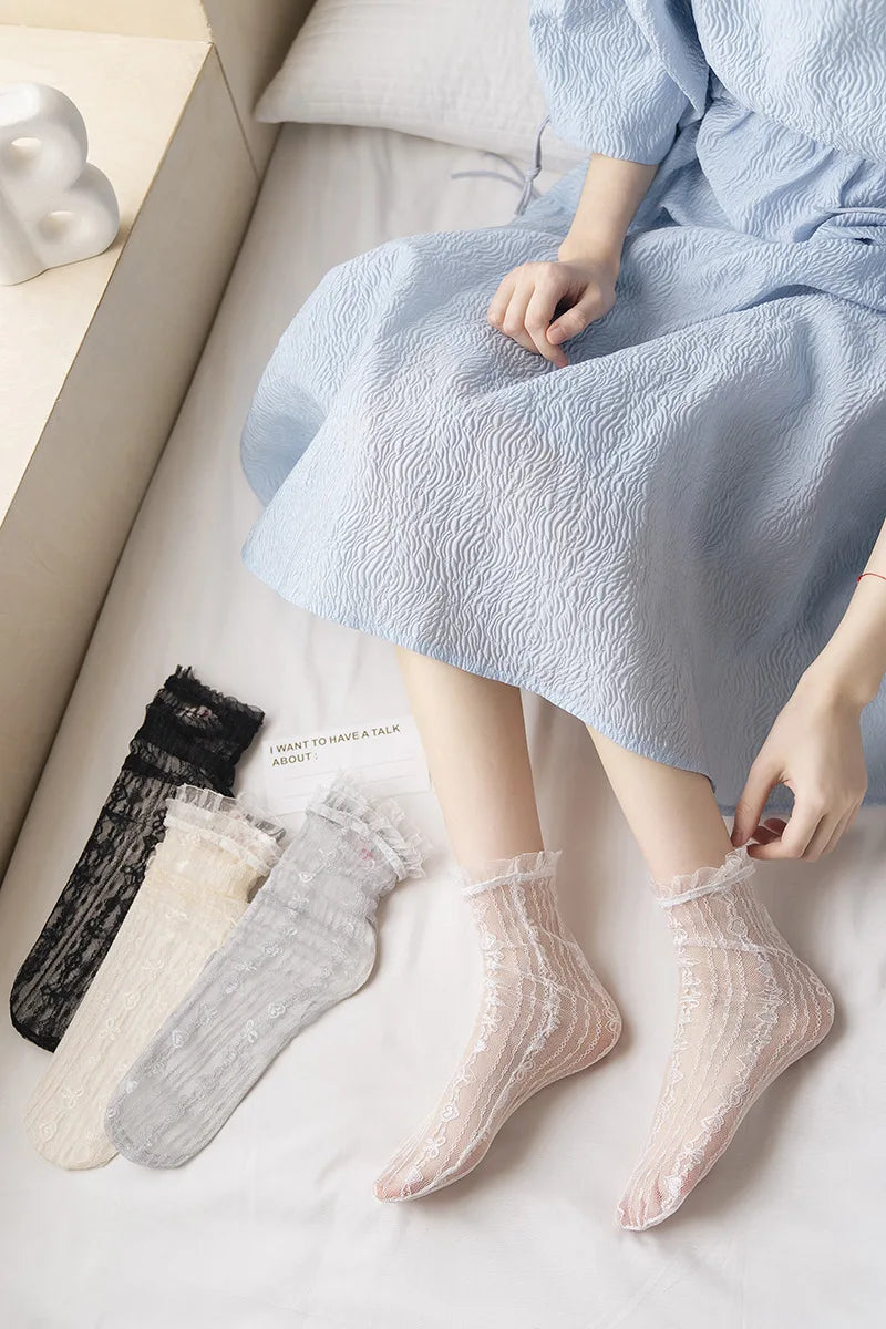 Ultra-Thin Transparent Lace Ruffle Socks for Women | Summer Style