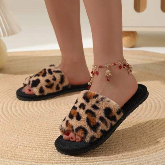 Pantuflas afelpadas con estampado de leopardo para mujer | Zapatillas cómodas de piel sintética para interior