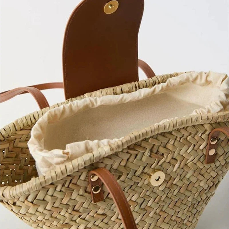 Large Capacity Rattan Woven Shoulder Bag for Beach & Vacation