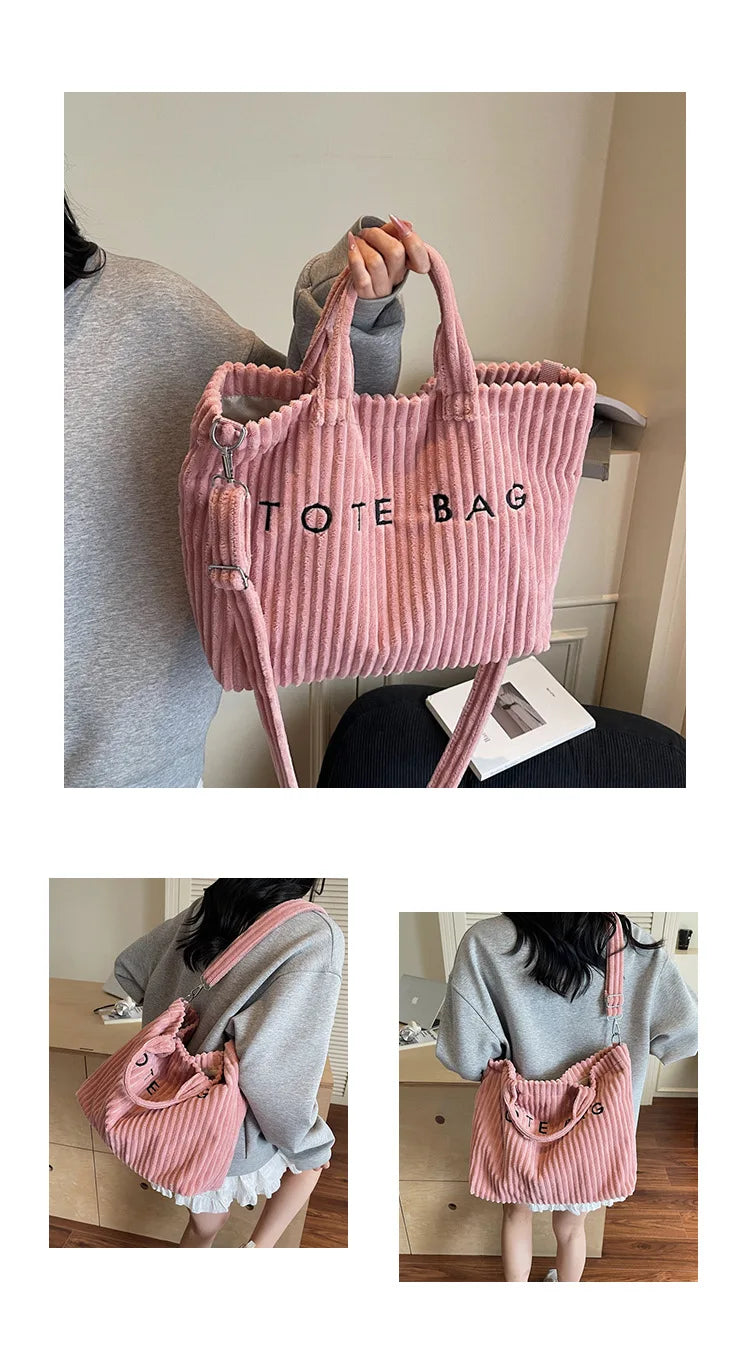 Bolso de mano de terciopelo a rayas de gran capacidad | Bolso tote elegante y versátil