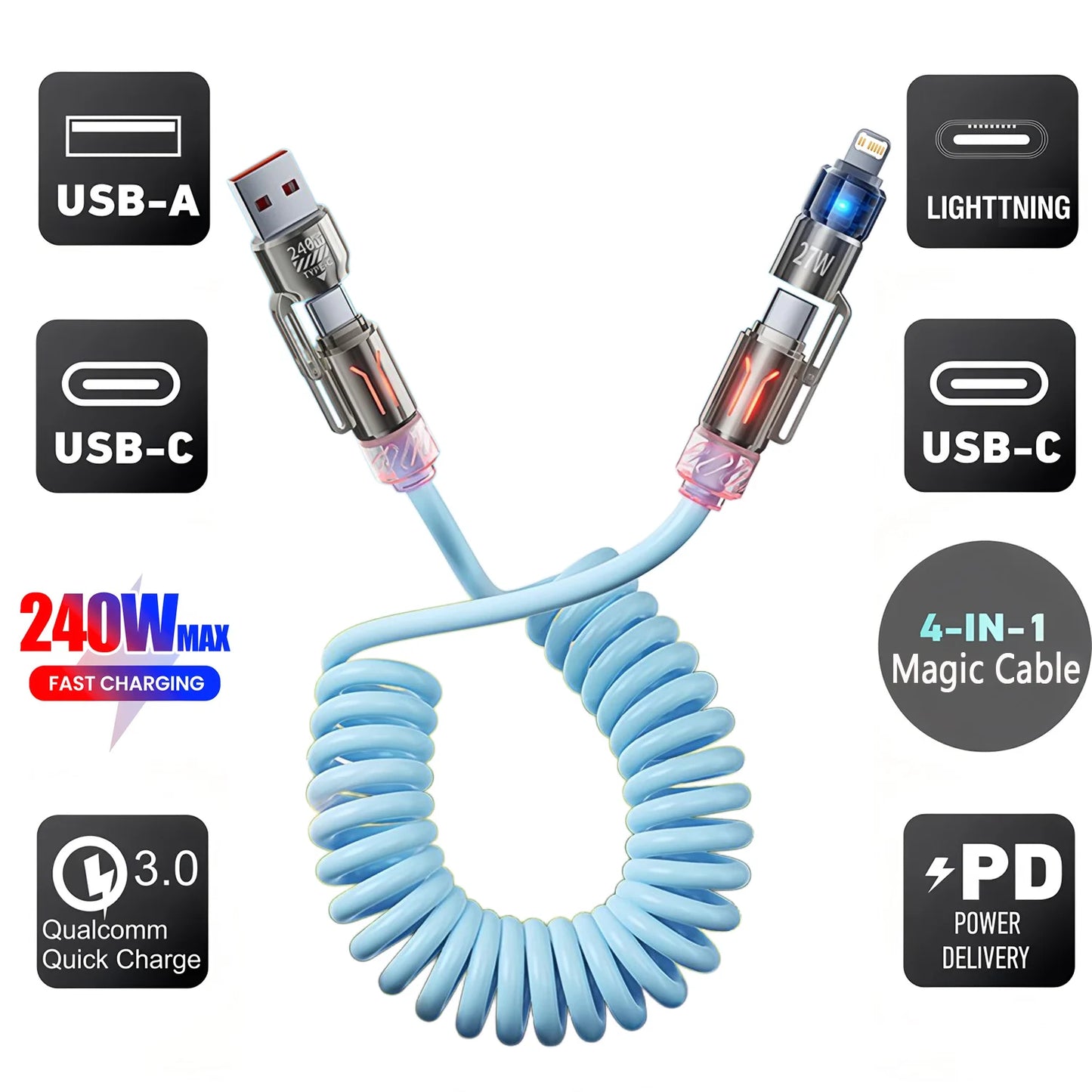 4 in 1 2m240W Spring Short Data Cable 6A USB Type C Spring Telescopic Quick Charger Wire Spring USB Cable for iPhone 15 14 13 12