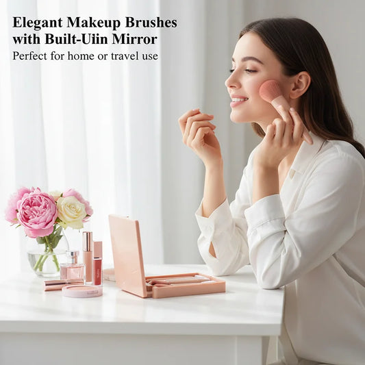 Set de brochas de maquillaje portátil con espejo | Kit de belleza de viaje
