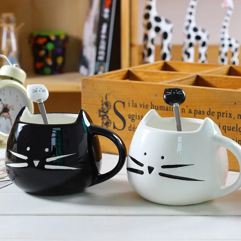 Cute Cartoon Cat Ceramic Coffee Mug with Spoon | Perfect Gift