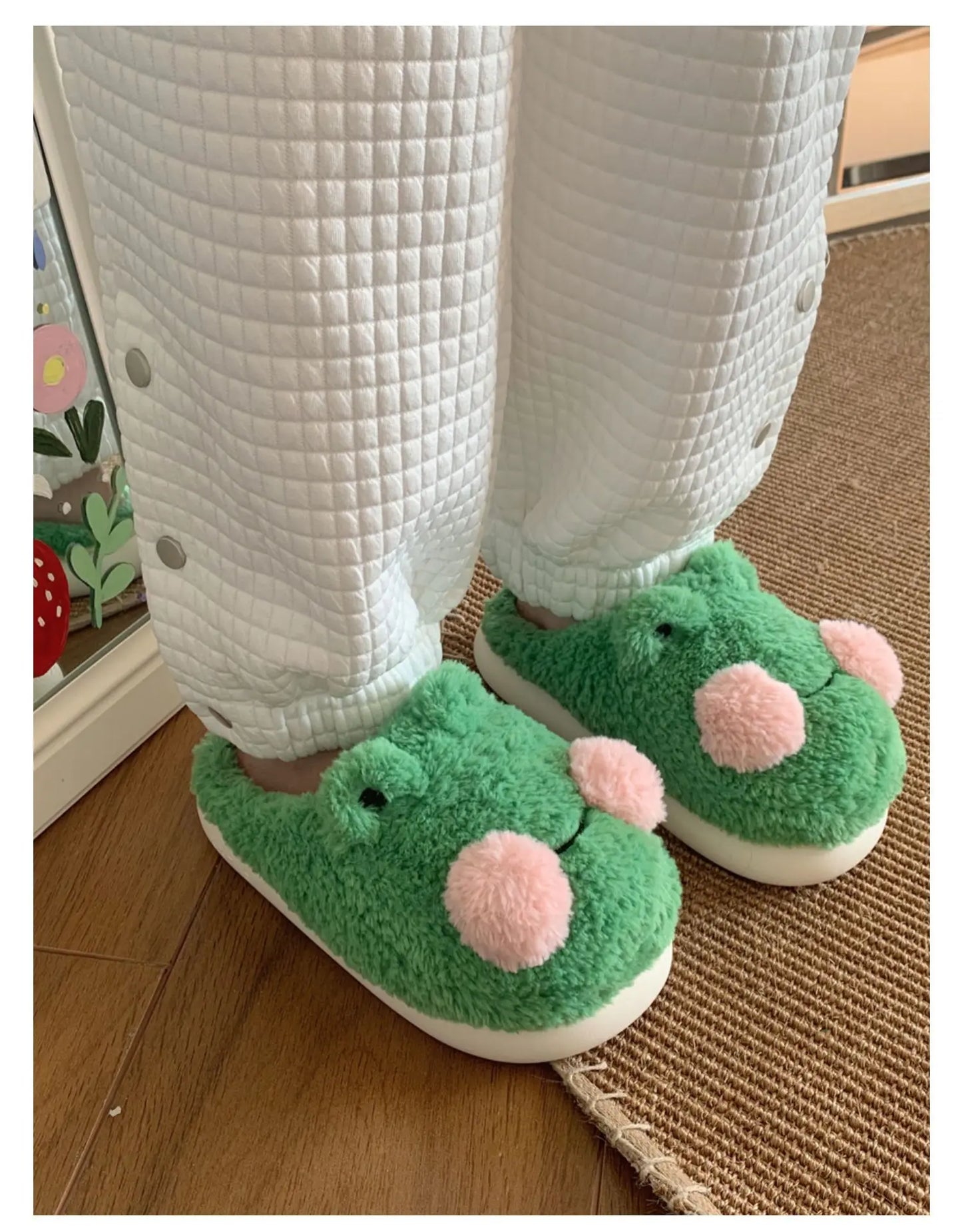 Women's Cute Green Frog Plush Slippers | Cozy Faux Fur House Shoes