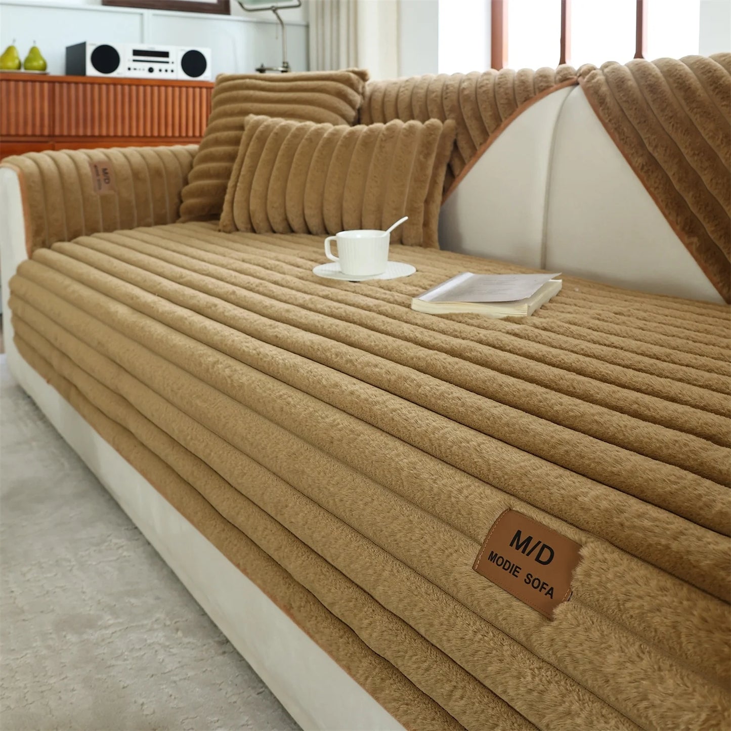 Stripe Imitation Rabbit Fur Plush Sofa Cover | Non-Slip Couch Slipcover