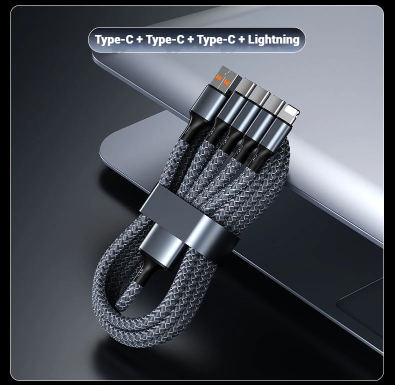 4-in-1 Multifunctional Charging Cable Supports USB-A to USB-C, Micro USB, and Braided Cables for Charging Multiple Devices