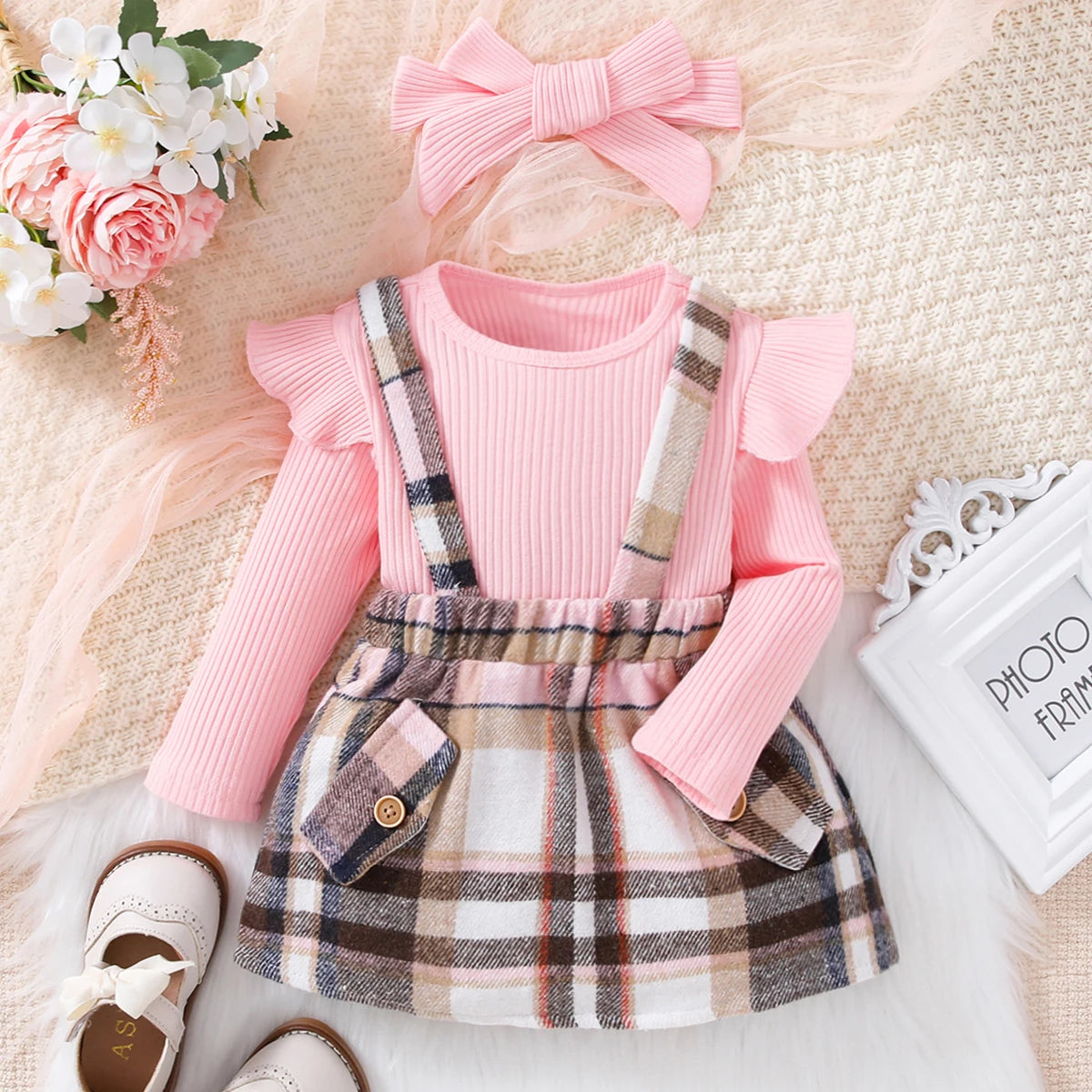 Conjunto de camiseta de manga larga rosa linda y vestido casual para niñas