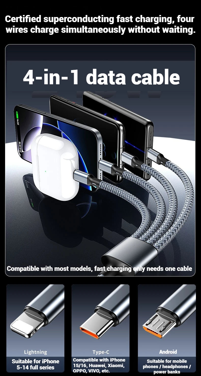 4-in-1 Multifunctional Charging Cable Supports USB-A to USB-C, Micro USB, and Braided Cables for Charging Multiple Devices