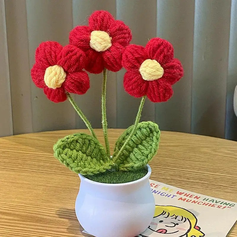 Hand Woven Potted Flower Decoration | Knitted Sunflower Bouquet