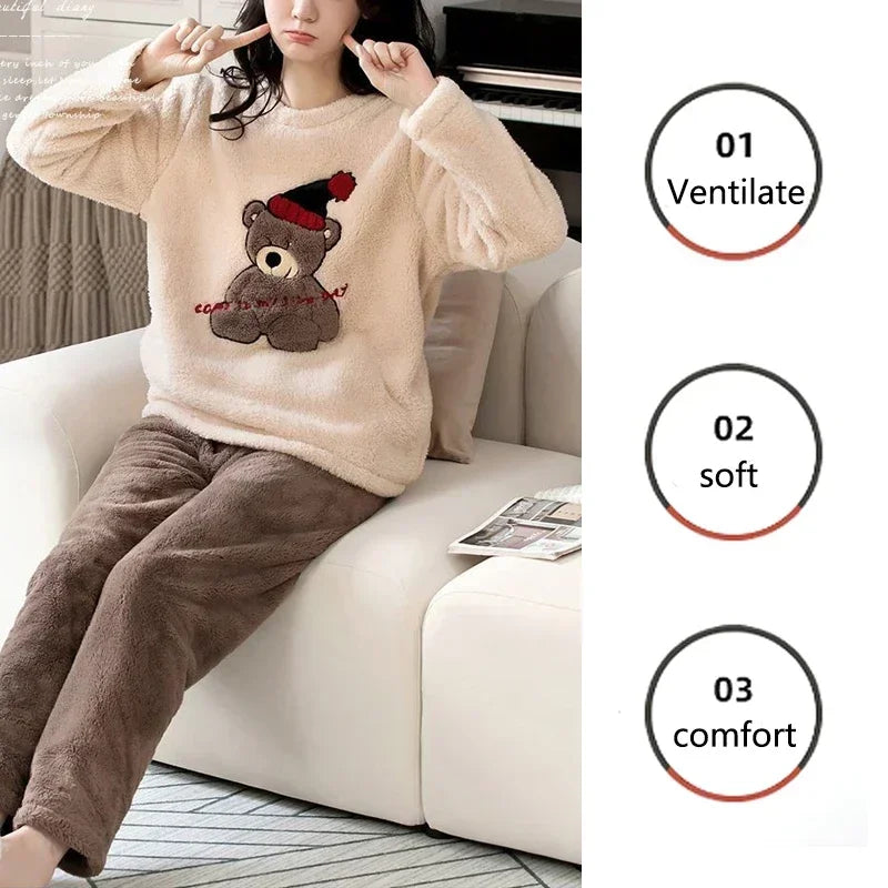 Cozy Cartoon Bear Flannel Loungewear Set for Couples