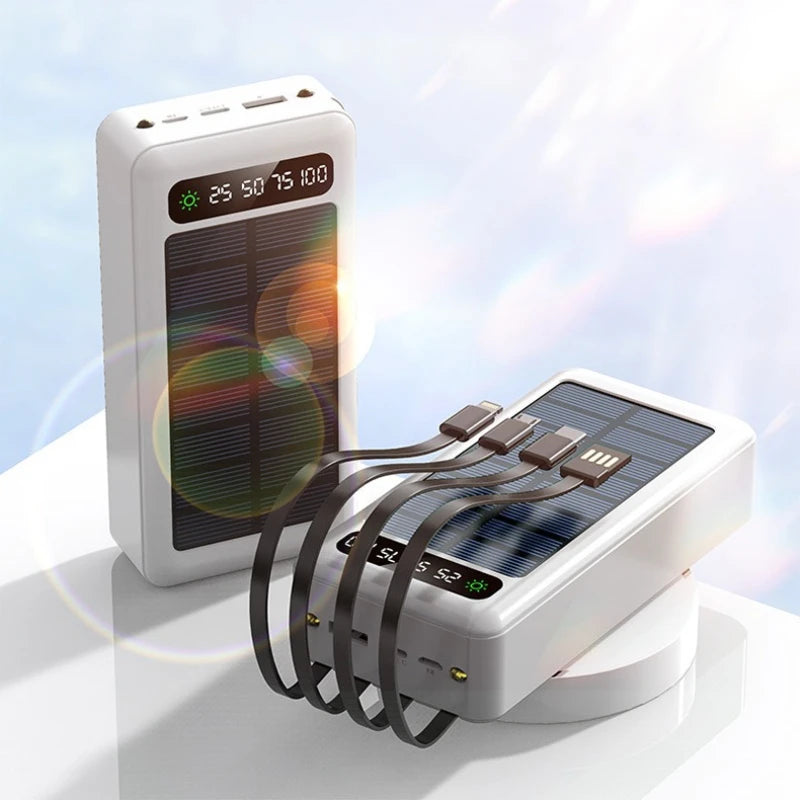 50000mAh Solar Power Bank with Built-In Cables for Outdoor Trips