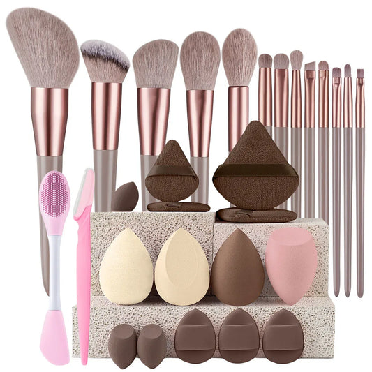 13-29 Piece Makeup Brush Set with Sponge Puff – Professional Full Face Kit for Foundation, Blush, Eyeshadow & Travel