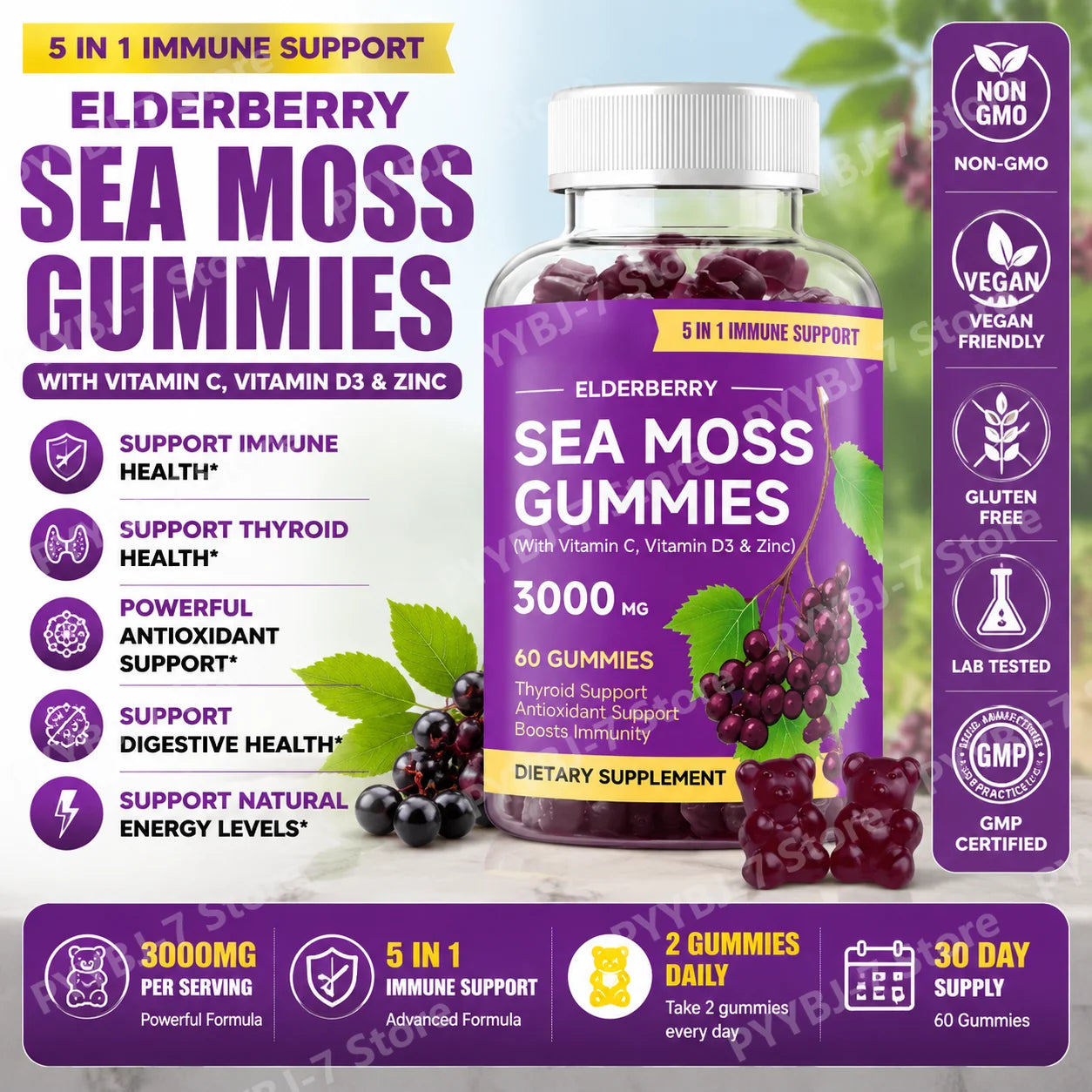Elderberry Sea Moss Gummies | Daily Wellness Supplement for Adults