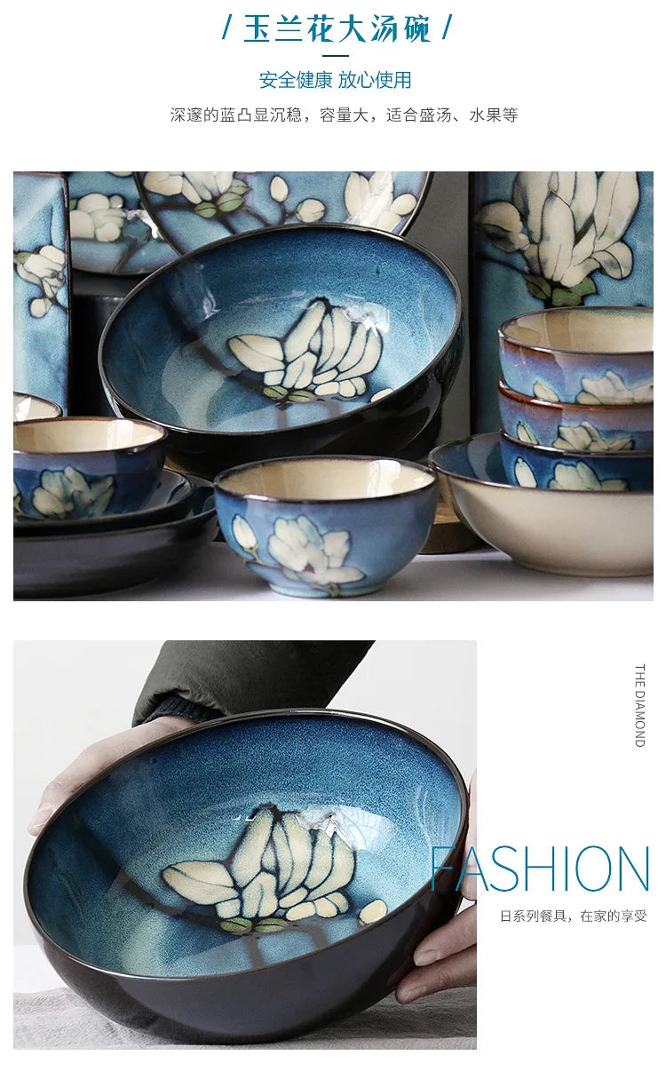 Juego de cuencos hondos para sopa pintados a mano de estilo japonés | Vajilla elegante