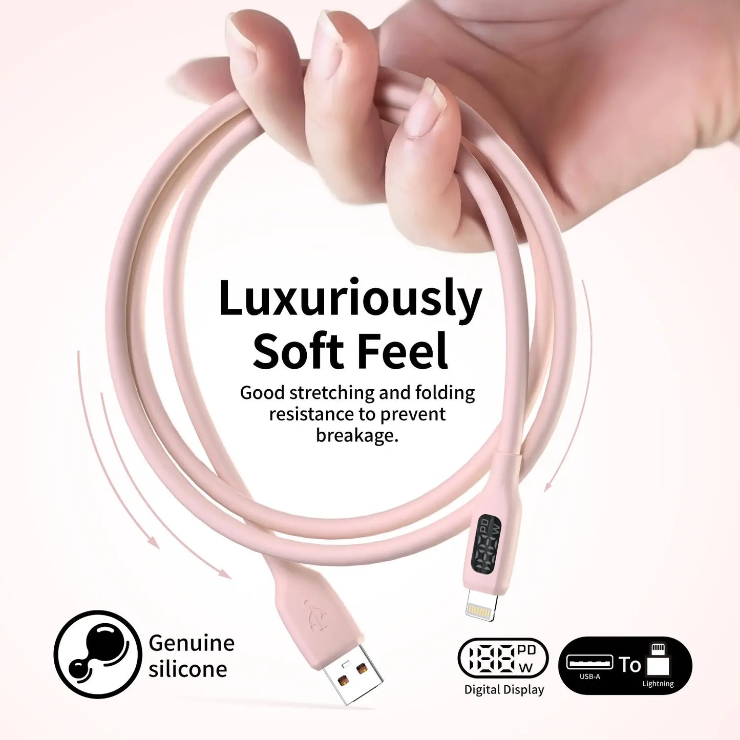 Soft Silicone USB A to Lightning Charging Cable | Macaron Pink