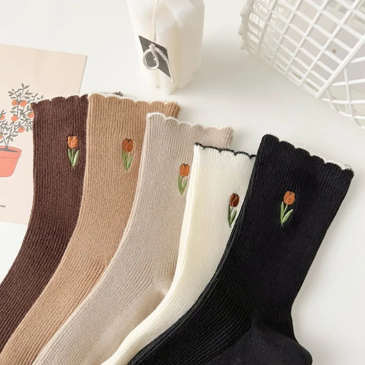 Women's Autumn Floral Embroidery Crew Socks | Cute Kawaii Style