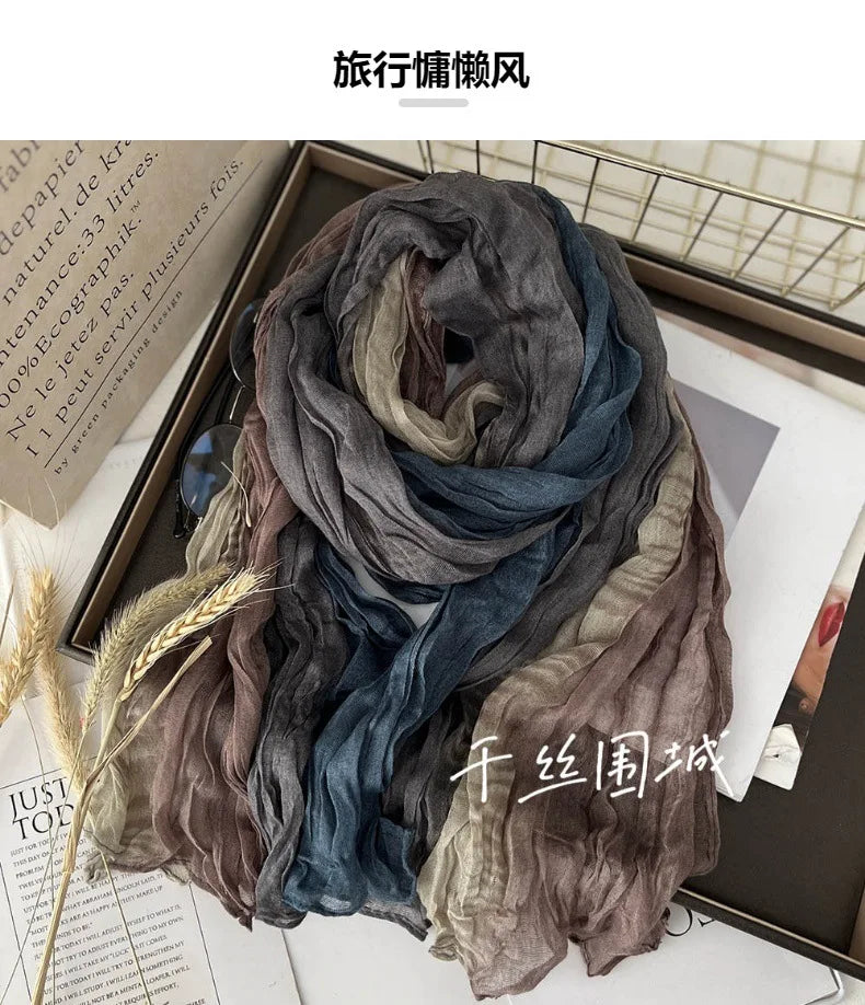 Elegant Women's Long Cotton Hemp Gradient Scarf for Winter Fashion
